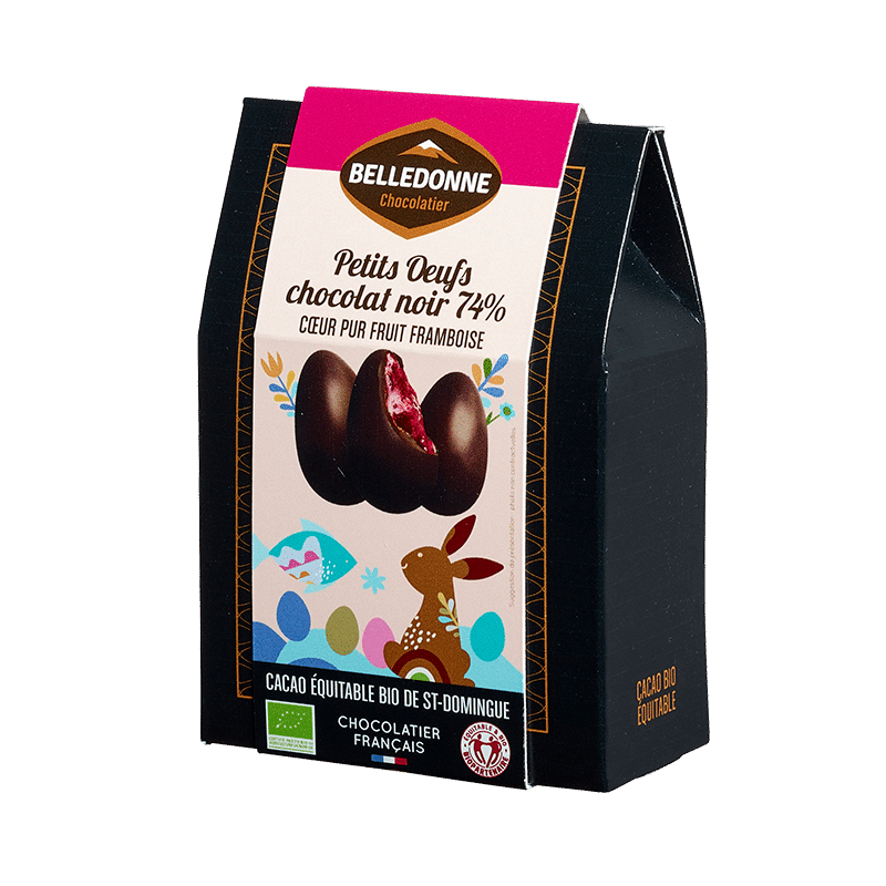 Petits œufs chocolat noir 74% cœur Framboise - 100 g